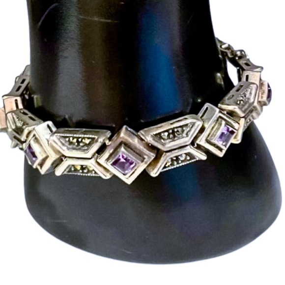JUDTIH JACK Art Deco Faceted Amethyst Marcasite Sterling Silver Bracelet VINTAGE - Picture 3 of 8